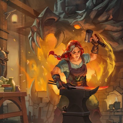 Fen at the anvil, hammer raised, the dragon's fire behind her — cover art for CLANG! by Eilene Cherie